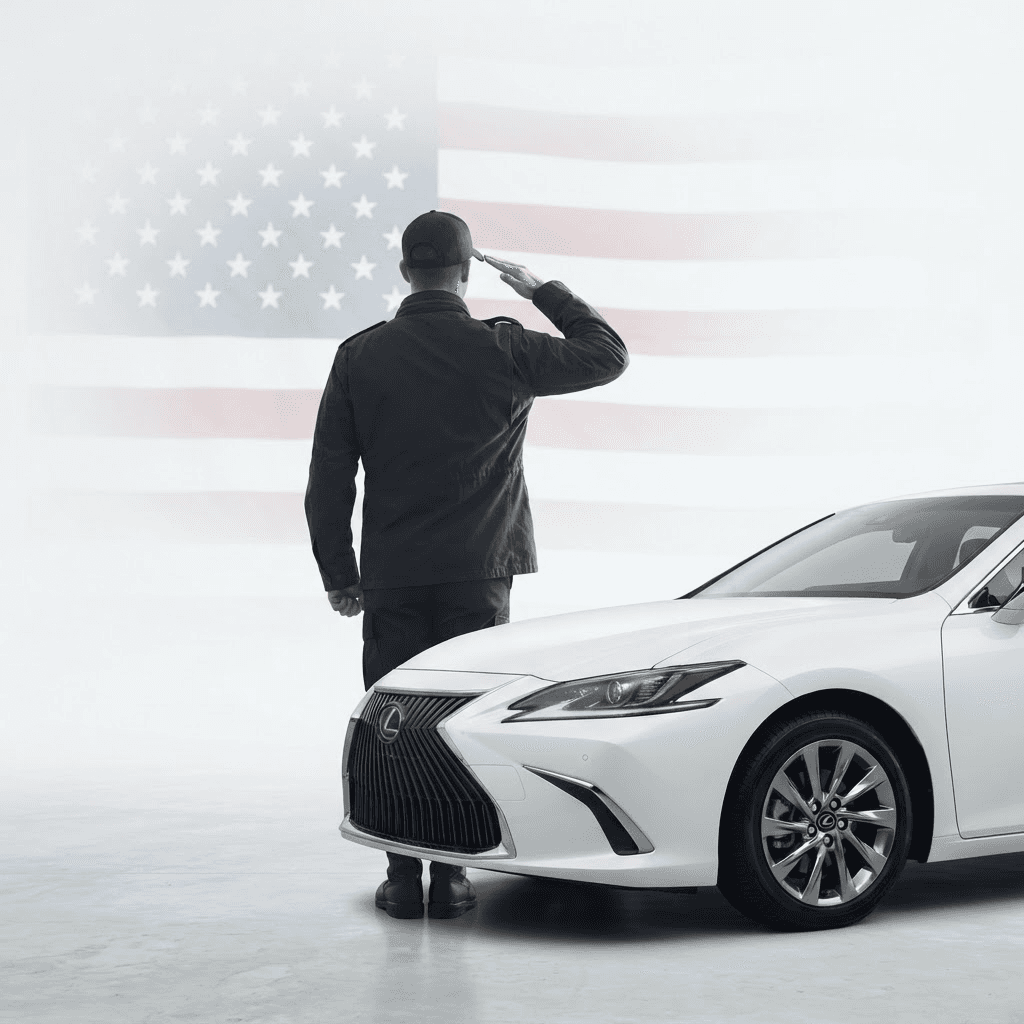 A U.S. military veteran saluting beside a clean modern white sedan, symbolizing the transition from service into an automotive career